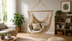 inside hammock chair hanging in a bright living room and providing a comfortable place to relax