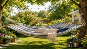 Large hammock set up in a garden with ample space for relaxing and enjoying nature