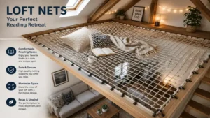 Loft nets used as a comfortable reading area above an open living room.