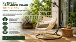 Outdoor hammock chair with stand on a patio creating a comfortable outdoor relaxation space