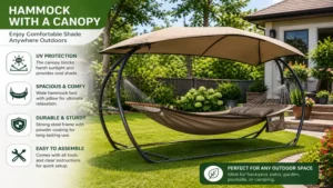Hammock with a canopy set up in a spacious garden with a durable steel frame and comfortable shaded seating.