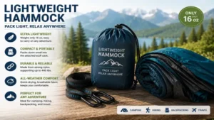 Lightweight hammock packed for camping and backpacking trips with compact storage and travel-ready accessories
