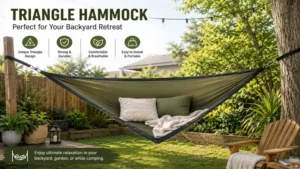 triangle hammock installed in a backyard between sturdy support points