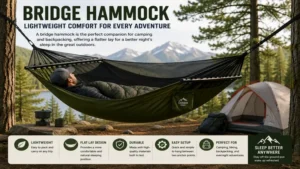 Bridge hammock set up at a campsite for lightweight outdoor relaxation and overnight use