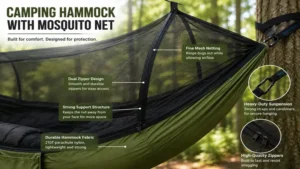 Close-up view of a camping hammock with mosquito net showing durable mesh and suspension straps.