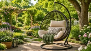 Chair swings outdoor hanging in a lush garden surrounded by flowers and greenery