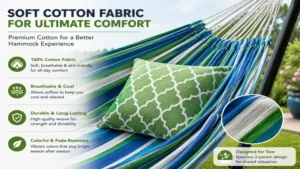 Soft cotton fabric on a two person hammock and stand designed for comfortable lounging.