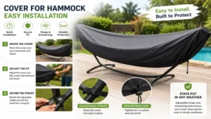 Easy installation of cover for hammock with adjustable straps and secure drawstring