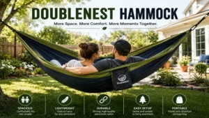 Doublenest hammock installed in a backyard for relaxing with family or friends.