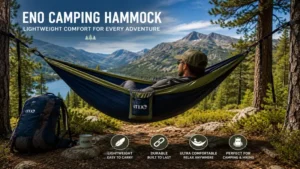 Backpacker relaxing in an ENO camping hammock with a mountain lake view