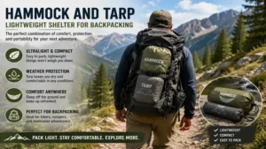 Hammock and tarp lightweight backpacking shelter packed for hiking and wilderness trips.