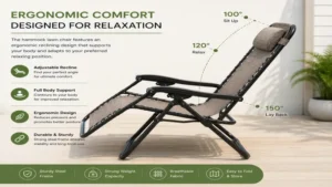 Side profile of a hammock lawn chair showing the ergonomic reclining design.
