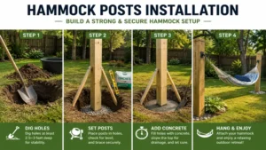Hammock posts being installed in the ground to create a stable and long-lasting hammock area