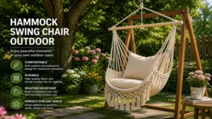 Wooden-frame hammock swing chair outdoor placed in a peaceful garden with blooming flowers.