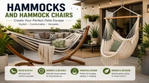 Hammocks and hammock chairs creating a cozy seating area on a modern patio
