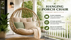 Comfortable hanging porch chair with soft cushions and decorative pillows