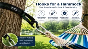 Hooks for a hammock connected to tree straps for a safe backyard setup.