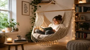 inside hammock chair used as a cozy reading nook with books and soft cushions