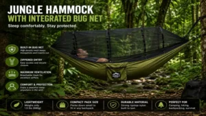 jungle hammock with a built-in bug net providing protection from mosquitoes and insects.