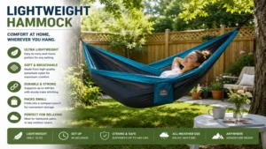 Lightweight hammock set up in a backyard garden, creating a comfortable space for outdoor relaxation