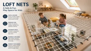 Loft nets providing a secure indoor play space for children in a family home.