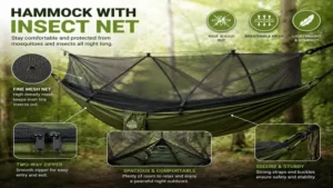 Close-up view of a hammock with insect net designed to keep mosquitoes and insects away while resting
