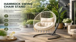 Hammock swing chair stand placed on an outdoor patio with a weather-resistant steel frame.