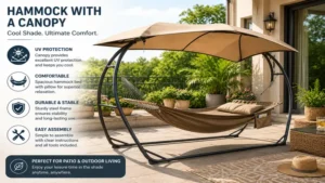 Hammock with a canopy on a sunny patio offering UV protection, stylish design, and comfortable outdoor relaxation.