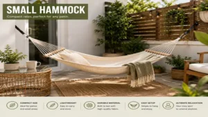 small hammock placed on a patio creating a relaxing seating area