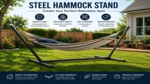 Steel hammock stand placed in a backyard for comfortable lounging and relaxation