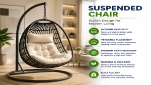 suspended chair featured in a stylish indoor living space