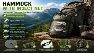 Lightweight hammock with insect net packed for backpacking and wilderness adventures