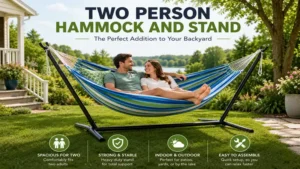 two person hammock and stand placed in a landscaped backyard with plenty of relaxing space.