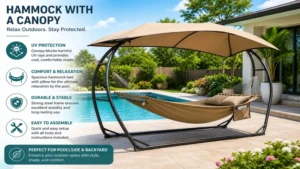Modern hammock with a canopy beside a swimming pool creating a cool and relaxing outdoor retreat.