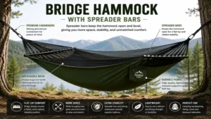 Bridge hammock with spreader bars creating a spacious and stable lounging experience