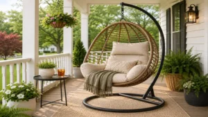 Chair swings outdoor providing a relaxing spot on a spacious front porch