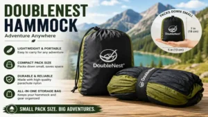 Doublenest hammock packed into a compact storage bag for easy transport and travel.