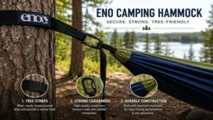 ENO camping hammock secured with durable tree straps and strong carabiners