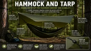 Hammock and tarp secured with a ridgeline for a stable and well-balanced camping shelter.