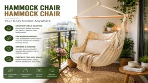 Hammock chair hammock chair creating a cozy reading corner on a bright apartment balcony with natural light.
