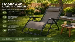 Hammock lawn chair placed on a green lawn in a sunny backyard setting.