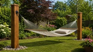 Hammock posts positioned in a garden setting for relaxing outdoor leisure and comfort