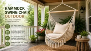 Cushioned hammock swing chair outdoor hanging on a covered porch for comfortable outdoor relaxation.