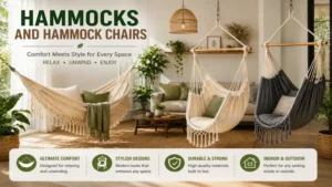 Hammocks and hammock chairs used as comfortable indoor furniture in a bright living space