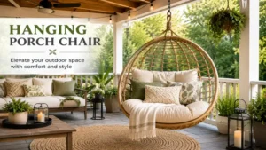 Elegant hanging porch chair placed on a covered patio for outdoor comfort