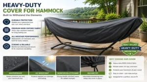 Heavy-duty cover for hammock made with durable waterproof fabric for long-lasting protection