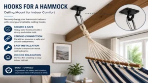 Indoor hooks for a hammock securely attached to a reinforced ceiling beam.