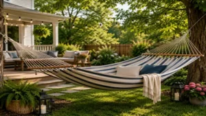 Large hammock placed in a backyard patio area for outdoor comfort and leisure