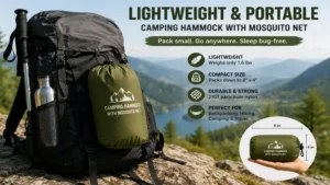 Lightweight camping hammock with mosquito net packed for backpacking and hiking trips.