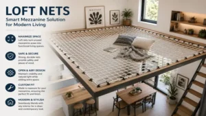 Loft nets integrated into a mezzanine design to maximize usable living space.